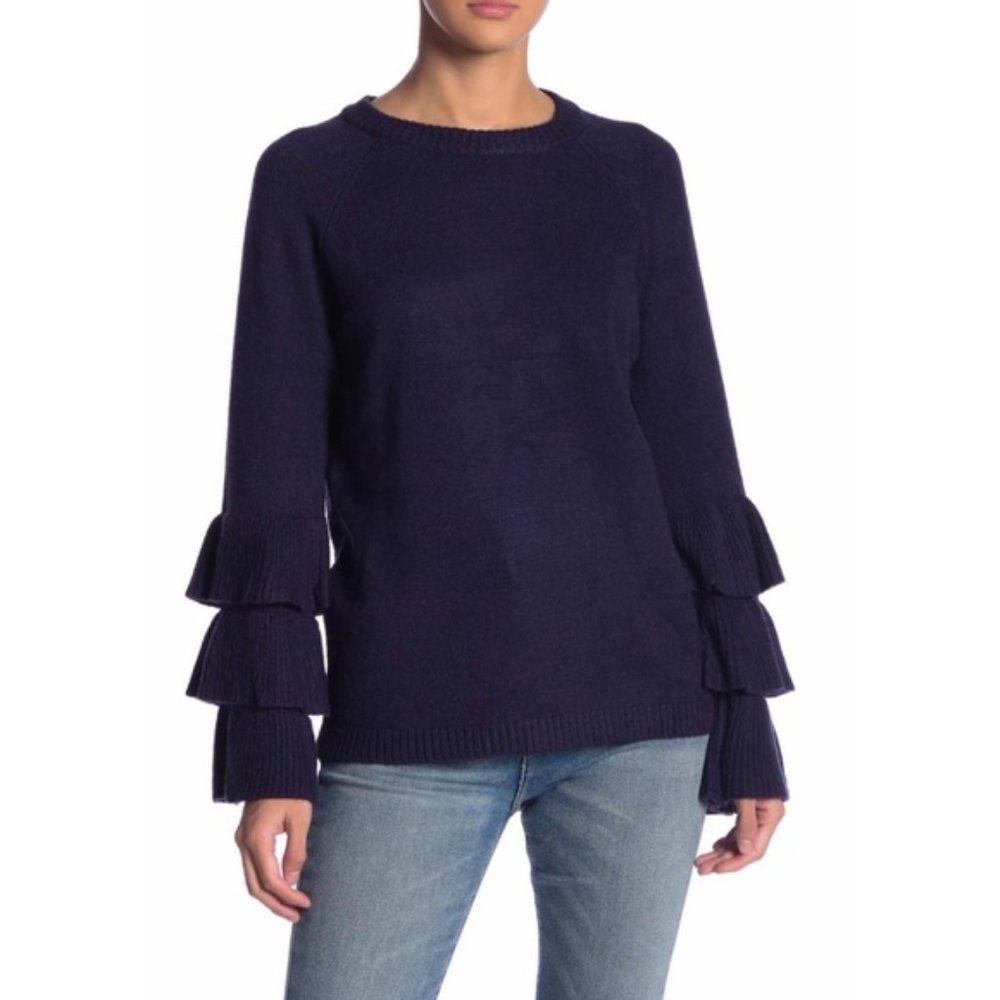 Love Token Ruffle Sleeve Knit Sweater in Navy